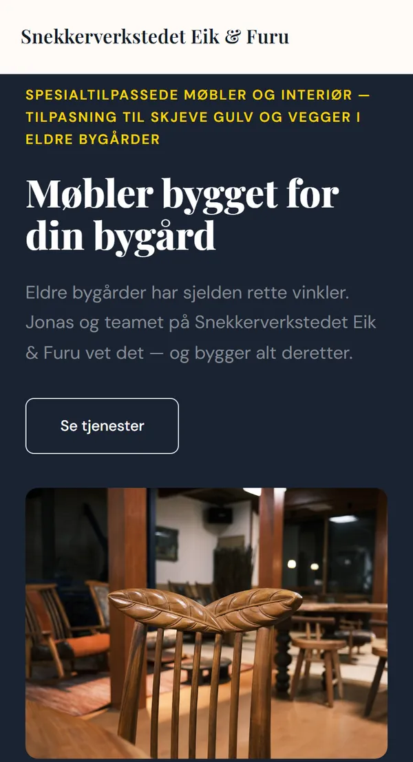 Snekker-nettside bygget med Veldia